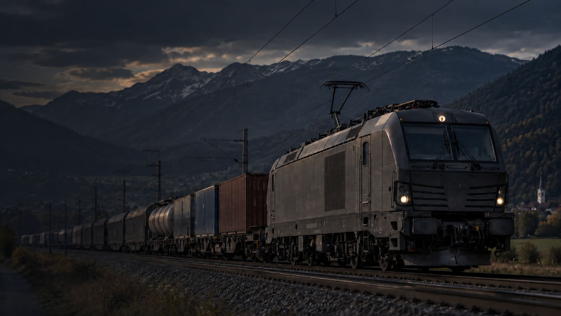 Güterzug im Bahnbetrieb vor Bergkulisse