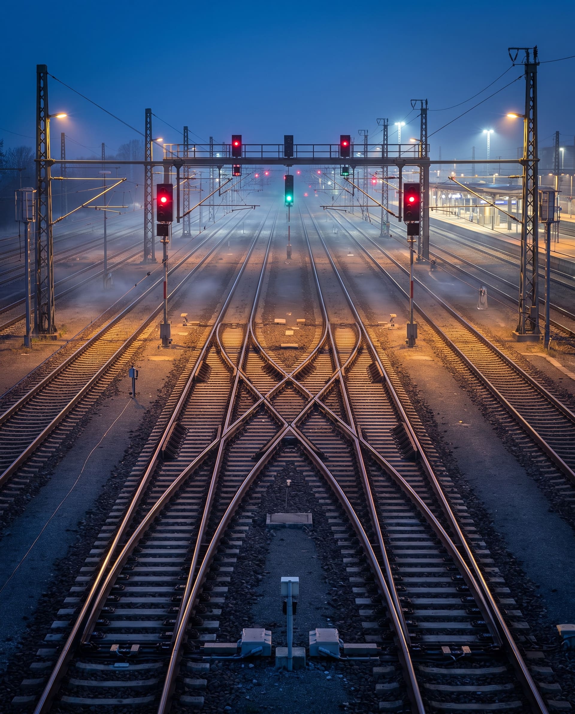 Bahnhofseinfahrt in der blauen Stunde mit Weichen und Signalbrücke