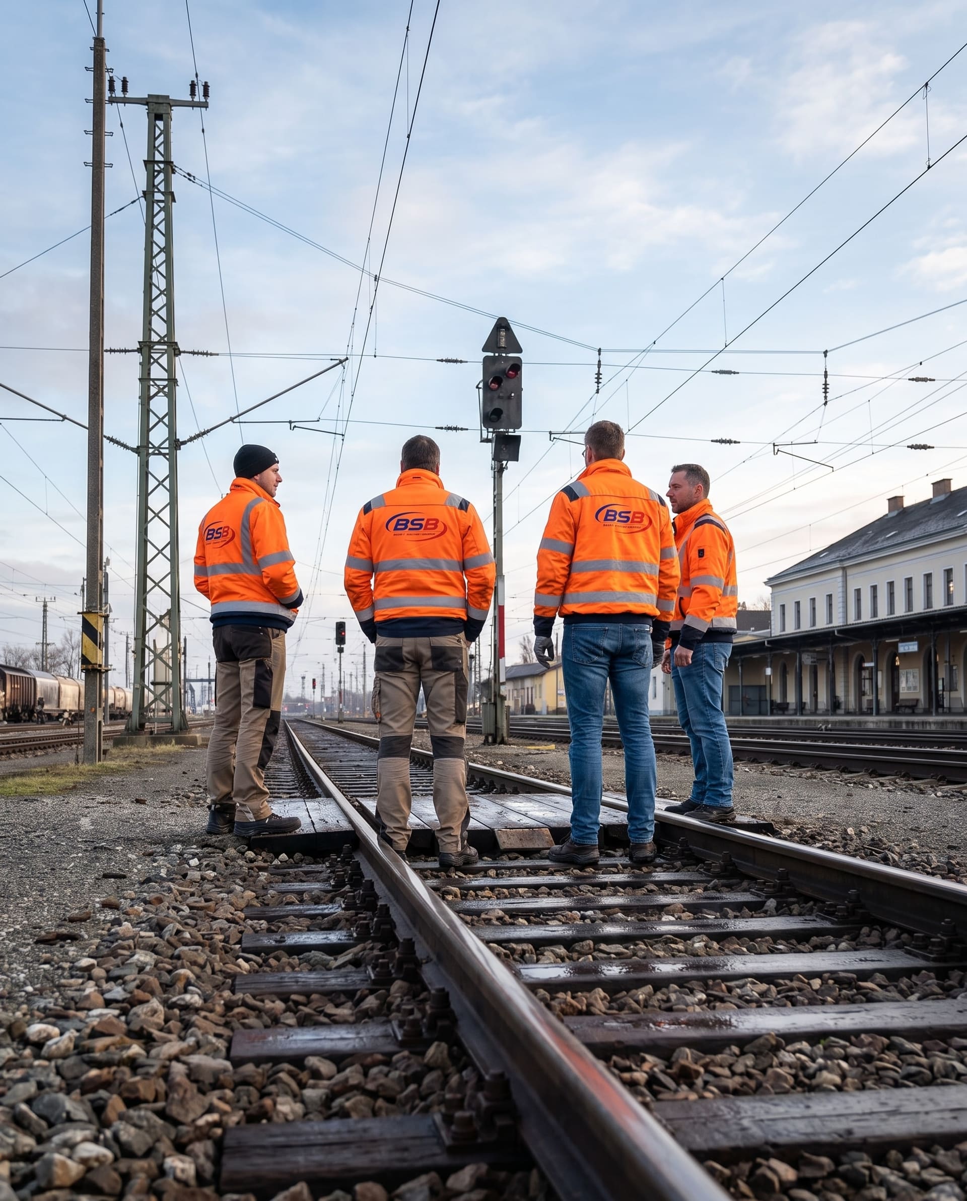 Bahnmitarbeitende in orangen Warnschutzjacken mit BSB-Logo im Gespräch an einem Gleis